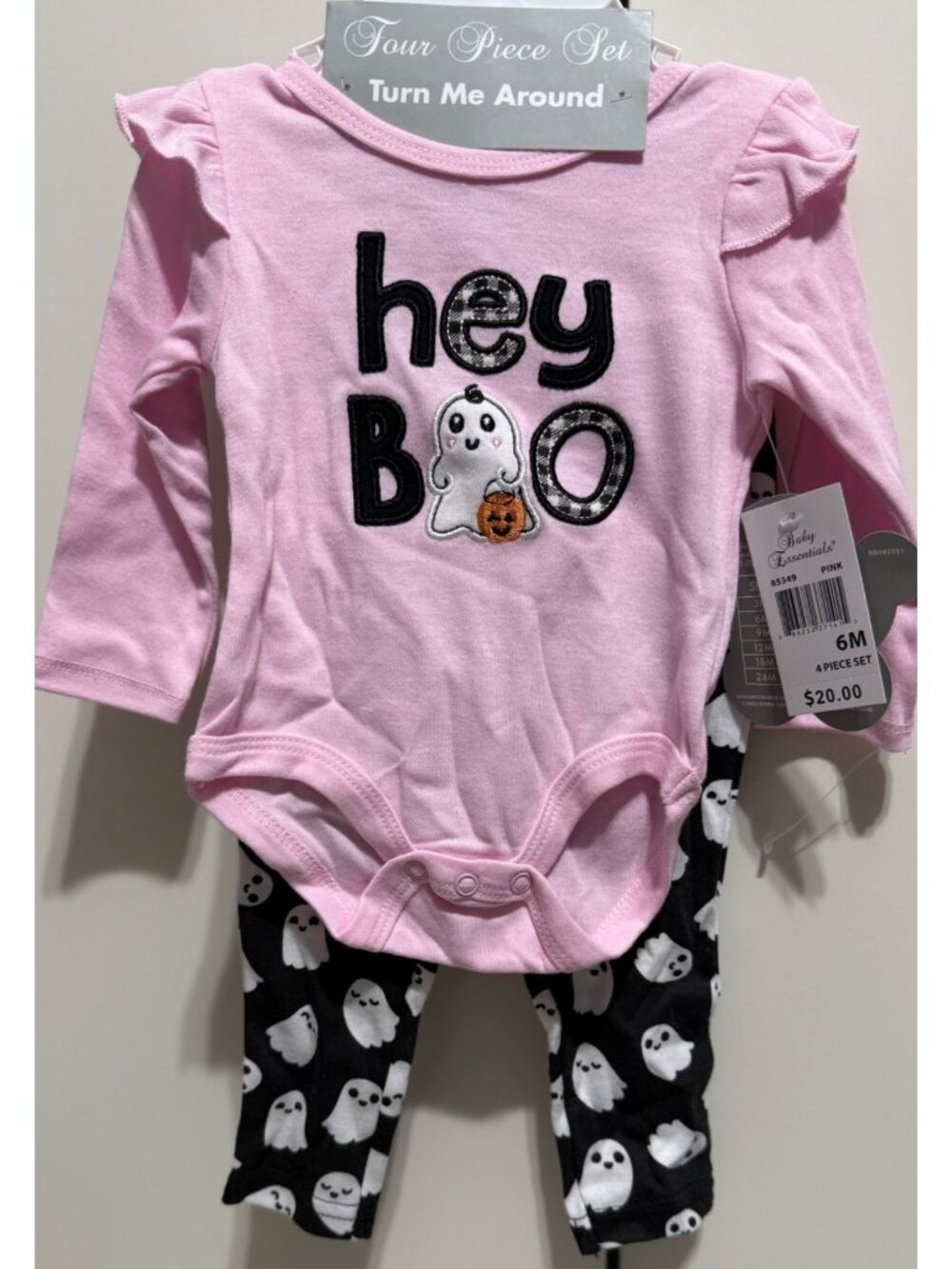 Baby Essentials 6m NWT Halloween 4pc set pink black Ghost socks headband HEY BOO